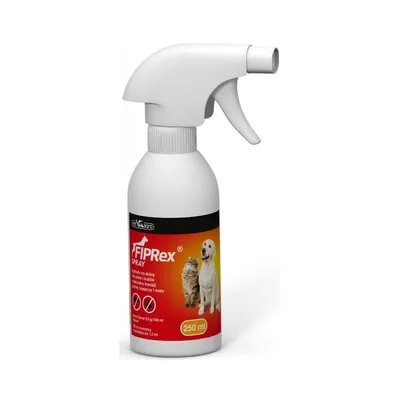 FIPRex Spray 250 ml, widoczny pies i kot na etykiecie. Informacje: środek na skórę dla psów i kotów przeciwko inwazji pcheł, kleszczy i wszy. Dawka: 3–6 spr./100 ml.