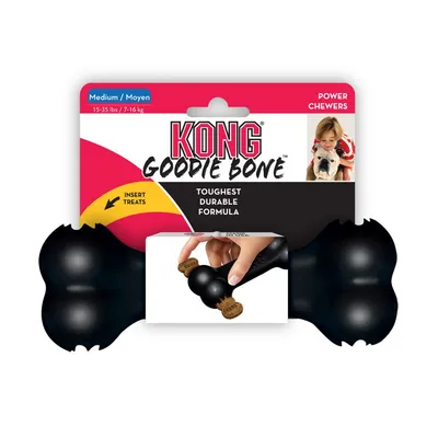 KONG Goodie Bone, Medium, Toughest Durable Formula, Power Chewers. Anleitung: Leckerlis in die Öffnungen des schwarzen Knochens einsetzen.