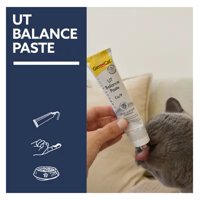 GimCat UT Balance Paste, Urinary Support Formula Ca/P-vel. Macska nyalogatja a pasztát tubusból. Illusztrációk: tubus nyomása, paszta kézre, keverés etetőtálban.