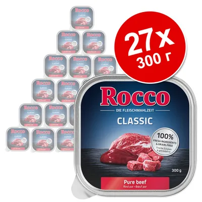 Пакет от 27 броя Rocco Classic Pure beef, всяка по 300 г. Видими надписи: 100% fresh ingredients & grain-free, 300 г, Pure beef.
