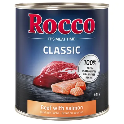 Rocco Classic lattina, 800g. Gusto: manzo con salmone. 100% ingredienti freschi e ricetta senza cereali.