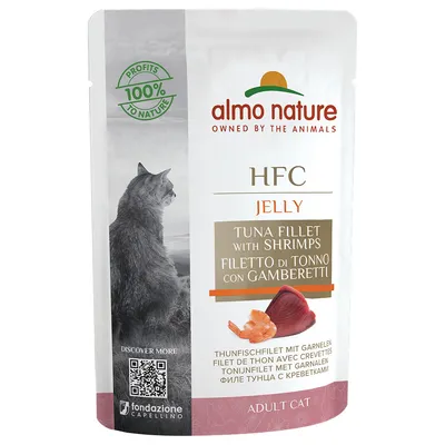 Almo Nature HFC Jelly tuna fillet with shrimp for adult cats. Profits 100% to nature. QR code for more information.