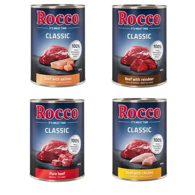 Rocco Classic óriáscsomag 24 x 400 g - Marha, marha & lazac, marha & csirke, marha & rénszarvas Rocco Classic óriáscsomag 24 x 400 g - Marha, marha & lazac, marha & csirke, marha & rénszarvas