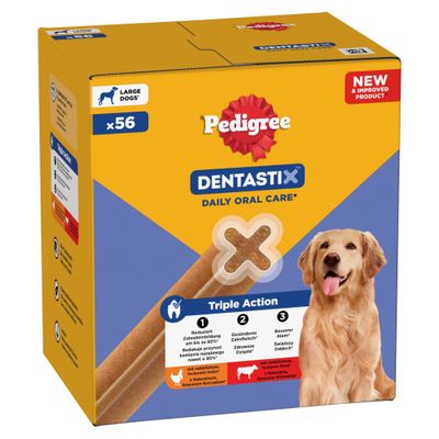 Pedigree Dentastix Daily Oral Care suurille koirille, 56 kpl. Triple Action: vähentää hammaskiven muodostumista, edistää terveempiä ikeniä, raikkaampi hengitys. Sisältää luonnollista kanaa ja nautaa.