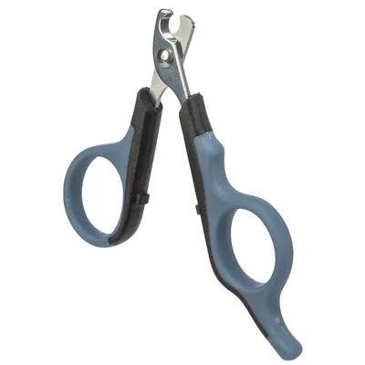 Nail clippers with ergonomic handles in blue and black, stainless steel blade for precise trimming of pet nails.