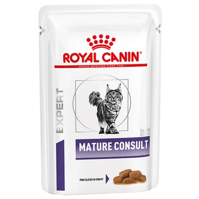 Royal Canin Expert Mature Consult, тънки парчета в сос, храна за котки. Изображение на котка върху опаковката.