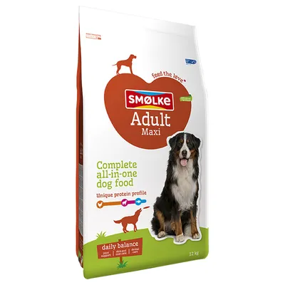 Smølke Adult Maxi, täysravinto aikuisille koirille ainutlaatuisella proteiiniprofiililla. Päivittäinen tasapaino: nivelten tuki, ihon ja turkin hoito, hammashoito. Pakkauskoko 12 kg.