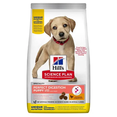 Hill's Science Plan Perfect Digestion Puppy Large cu pui și orez brun. Pentru câini peste 25 kg. Fără conservanți, coloranți sau arome artificiale. Cu tehnologie ActivBiome+.