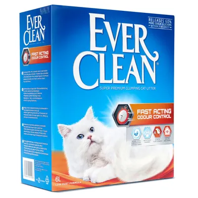Опаковка на Ever Clean Super Premium Clumping Cat Litter, 6L. Видими надписи: Fast Acting Odour Control, Low Dust Formula, Releases 60% more odour blockers within 3 seconds. Опаковка на Ever Clean Super Premium Clumping Cat Litter, 6L. Видими надписи: Fast Acting Odour Control, Low Dust Formula, Releases 60% more odour blockers within 3 seconds.