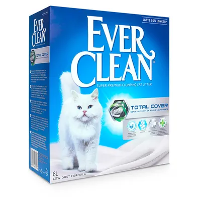 Caja de arena aglomerante para gatos Ever Clean Total Cover, 6L, fórmula con poco polvo. Texto visible: 'Super Premium Clumping Cat Litter', 'Lasts 20% longer', iconos informativos en el frontal. Caja de arena aglomerante para gatos Ever Clean Total Cover, 6L, fórmula con poco polvo. Texto visible: 'Super Premium Clumping Cat Litter', 'Lasts 20% longer', iconos informativos en el frontal.