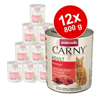 Zestaw 12 puszek Animonda Carny Adult Rind pur, każda 800 g. Na etykiecie: 100% świeże składniki, bez zbóż, made in Germany, z tauryną. Widoczny kot i kawałki mięsa.