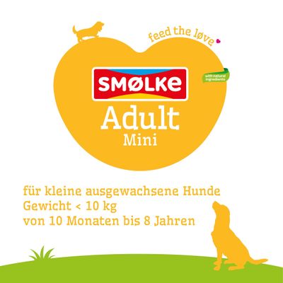 Smølke Adult Mini, mit natürlichen Zutaten, für kleine ausgewachsene Hunde unter 10 kg, geeignet von 10 Monaten bis 8 Jahren.