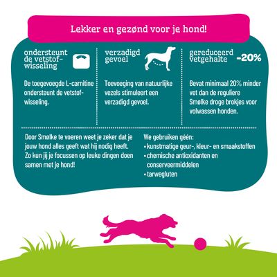 Smølke hondenvoer: ondersteunt de stofwisseling met L-carnitine, verzadigend gevoel door natuurlijke vezels, 20% minder vet, zonder kunstmatige toevoegingen, antioxidanten en tarwegluten.
