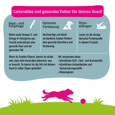 Liebevolles und gesundes Futter für Hunde: Haut- und Fellpflege mit Omega-Fettsäuren, optimale Verdauung, hypoallergen mit Lamm. Ohne künstliche Zusatzstoffe und Weizengluten.