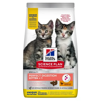 Hill's Science Plan Perfect Digestion Kitten <1 με κοτόπουλο και καστανό ρύζι. Τεχνολογία AktivBiome+, χωρίς τεχνητά συντηρητικά, χρώματα ή αρώματα.