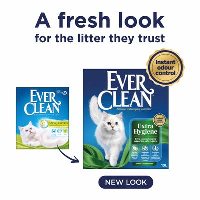 Ever Clean Extra Hygiene macskaalom új dizájnnal, azonnali szagkontrollal, Spring Garden illattal, 10 l. Régi és új csomagolás összehasonlítása.
