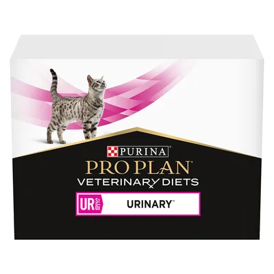 Purina Pro Plan Veterinary Diets UR Urinary Katzenfutter, Verpackung mit Katze und pinkem Design.