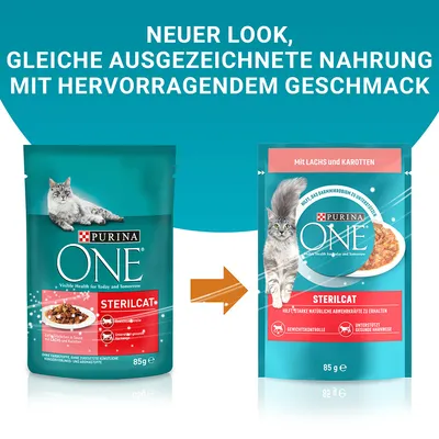 Purina ONE Sterilcat. Neuer Look, gleiche ausgezeichnete Nahrung mit hervorragendem Geschmack. Mit Lachs und Karotten, unterstützt gesunde Harnwege und Gewichtskontrolle.