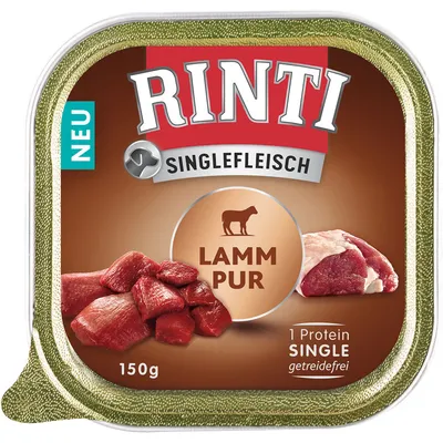 Rinti Singlefleisch Lamm Pur, 150g, kornfri, 1 enkelt protein. Billede af råt lammekød.