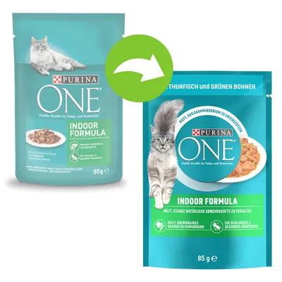 Purina ONE Indoor Formula kissanruoan pakkausmuutos, kaksi 85 g annospussia näkyvissä. Tuotenimi ja paino selvästi esillä molemmissa pakkauksissa.