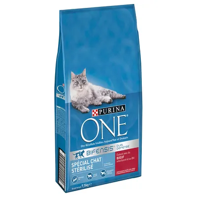 Purina ONE Bifensis Dual Defense Spécial Chat Stérilisé, 7,5 kg zak kattenvoer. Tekst op verpakking deels in het Frans, met afbeelding van een grijze kat.