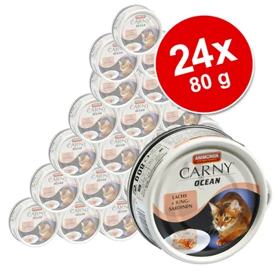 Animonda Carny Ocean Lachs + Jung-Sardinen, 24×80 g konzervy pre mačky. Viditeľný obrázok mačky a porcia krmiva na obale. Animonda Carny Ocean Lachs + Jung-Sardinen, 24×80 g konzervy pre mačky. Viditeľný obrázok mačky a porcia krmiva na obale.