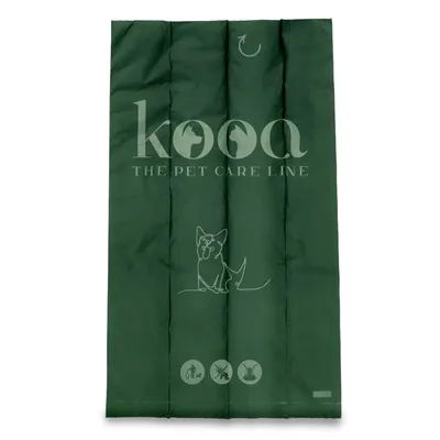 kooa THE PET CARE LINE, sac vert avec dessin de chien et trois pictogrammes en bas. Texte en anglais.