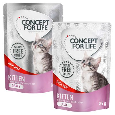 Miešané výhodné balenie Concept for Life bez obilnín v želé a v omáčke 24 x 85 g Kitten hovädzie