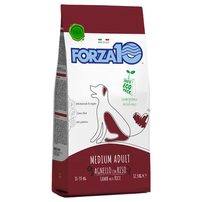 FORZA10 Medium Adult Agnello con Riso Lamb with Rice, 11–35 kg, 12,5 kg. 100% Eco Pack, compostovatelné a recyklovatelné. Made in Italy. S botanicals & veggies, detox effect, prebiotics.