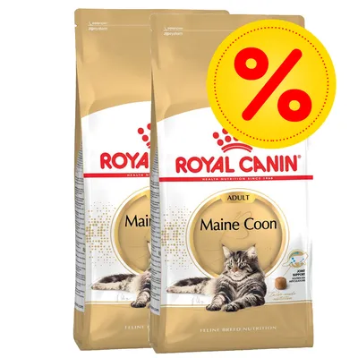 Royal Canin Maine Coon Adult Katzenfutter, zwei Beutel mit gelbem Prozentzeichen für Rabatt.