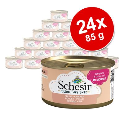 Schesir Kitten Care 3–12, pack de 24 latas de 85 g, sabor pollo. Texto visible: complete & balanced IN MOUSSE.