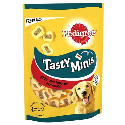 Tasty Minis beef and poultry flavours, less than 5% fat, with omega 3 and vitamin E, no artificial colours or flavours, fresh pack shown. Tasty Minis beef and poultry flavours, less than 5% fat, with omega 3 and vitamin E, no artificial colours or flavours, fresh pack shown.
