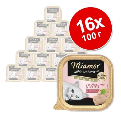 Miamor Milde Mahlzeit Senior, 16×100 г. Опаковка с изображение на бяла котка и парчета месо. Видимо: Geflügel pur & Rind, mit Vitaminen & Ballaststoffen.