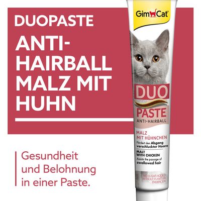 GimCat Duopaste Anti-Hairball Malz mit Huhn. Fördert den Abgang verschluckter Haare. Gesundheit und Belohnung in einer Paste. Ohne Zuckerzusatz, ohne Geschmacksverstärker.