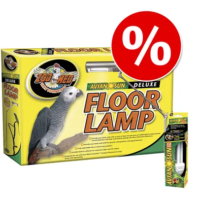 Zoo Med Avian Sun Deluxe Floor Lamp, gelbe Verpackung mit Papagei und UV-Lampe. Rotes Prozentzeichen für Rabatt sichtbar.