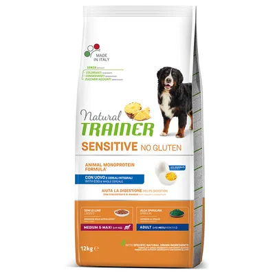 Natural Trainer Sensitive No Gluten, Animal Monoprotein Formula, s vejcem a celozrnnými obilovinami, pro dospělé psy středních a velkých plemen, 12 kg. Vyrobeno v Itálii.