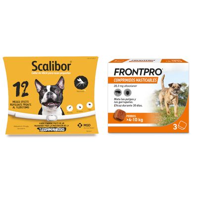 Scalibor collar de 65 cm para razas medianas y grandes, 12 meses efecto repelente frente al flebotomo. Frontpro comprimidos masticables 68 mg afoxolaner, perros >10–25 kg, 3 unidades, oferta % visible.