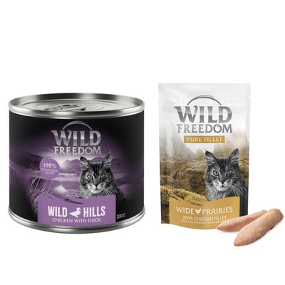 Wild Freedom Kombi-Paket: Adult Nassfutter + Filet Snacks 24 x 200 g Wild Hills: Ente & Huhn + 3 x 100 g Hühnerfilet