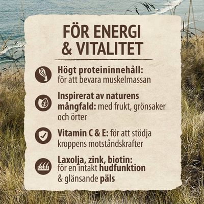 För energi och vitalitet: hög proteinhalt, inspirerad av naturens mångfald med frukt, grönsaker, örter, vitamin C & E, laxolja, zink, biotin för hudens funktion och glänsande päls.