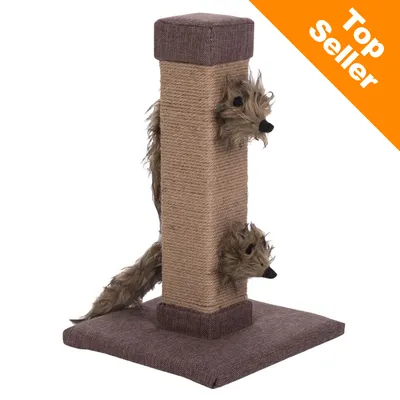 Klöspelare med fyrkantig bas och pelare lindad i sisal, dekorerad med två fastsatta plyschdjur. Orange hörn med texten 'Top Seller' uppe till höger.