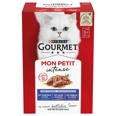 Purina Gourmet Mon Petit intense, 6x50g, λεπτές λωρίδες με τόνο, σολομό και πέστροφα σε νόστιμη σάλτσα. Κατάλληλο για ανακύκλωση. Purina Gourmet Mon Petit intense, 6x50g, λεπτές λωρίδες με τόνο, σολομό και πέστροφα σε νόστιμη σάλτσα. Κατάλληλο για ανακύκλωση.