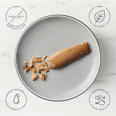 Sachet de 30 g avec filet de thon entier pour chat, marque encore, texte visible : 100% natural ingredients, dolphin friendly, whole tuna loin.
