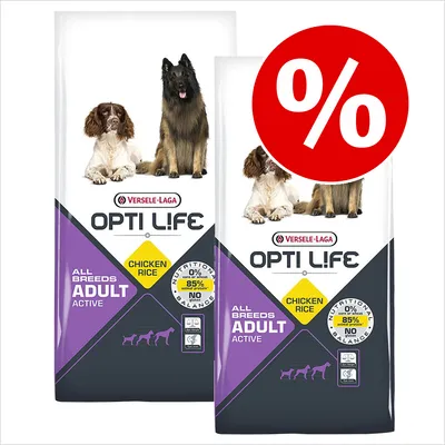 Två förpackningar Versele-Laga Opti Life All Breeds Adult Active Chicken Rice hundfoder, stor röd procent-symbol visar rabatt. Text: 85 % animaliskt protein av totalt protein.