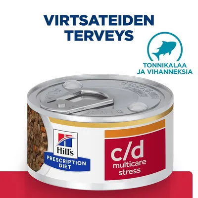 Hill's Prescription Diet c/d multicare stress -märkäruokapurkki, teksti: virtsateiden terveys, tonnikalaa ja vihanneksia