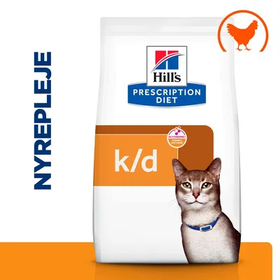 Hill's Prescription Diet k/d kattemad, tekst: NYREPLEJE, ActiveBiome+ Kidney Defense, billede af kat og orange kyllingesymbol på posen