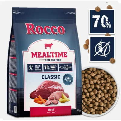 Rocco Mealtime Classic Hundefutter mit Rind, 70% tierische Zutaten, getreidefrei, reich an frischem Rindfleisch. Packungsgröße: 1 kg.