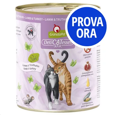 GranataPet DeliCATessen Paté Lamm & Truthahn, senza cereali, con semi di melagrana e olio di salmone. Etichetta 'PROVA ORA' in evidenza.