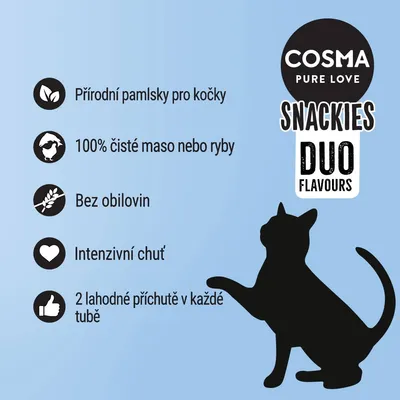 COSMA PURE LOVE SNACKIES DUO FLAVOURS. Přírodní pamlsky pro kočky, 100% čisté maso nebo ryby, bez obilovin, intenzivní chuť, 2 lahodné příchutě v každé tubě.