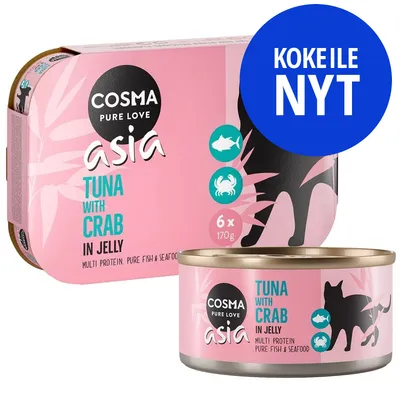 COSMA Pure Love asia Tuna with Crab in Jelly, 6 x 170 g. KOKEILE NYT -teksti pakkauksessa. Kissaruoan pakkaus ja purkki näkyvissä.