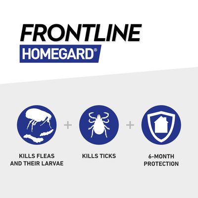 Kills fleas and their larvae, kills ticks, provides 6-month protection. FRONTLINE HOMEGARD shown as product name.